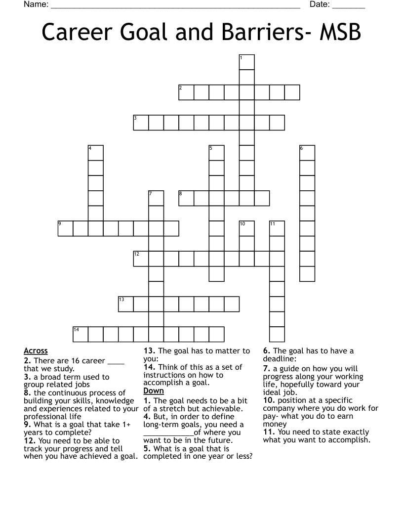 Career Goal and Barriers- MSB Crossword