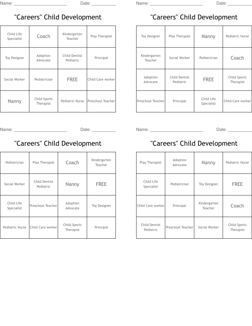 "Careers" Child Development Bingo Cards