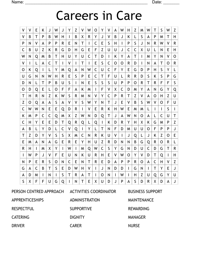 Careers in Care Word Search