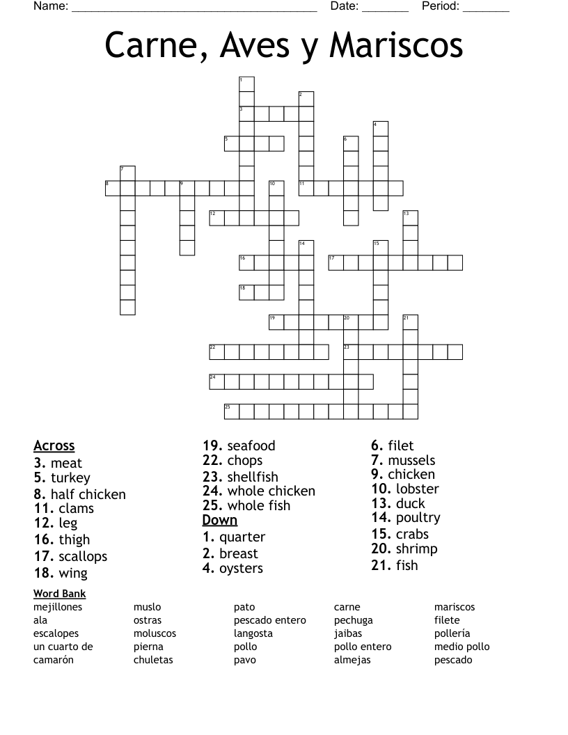 Carne, Aves y Mariscos  Crossword