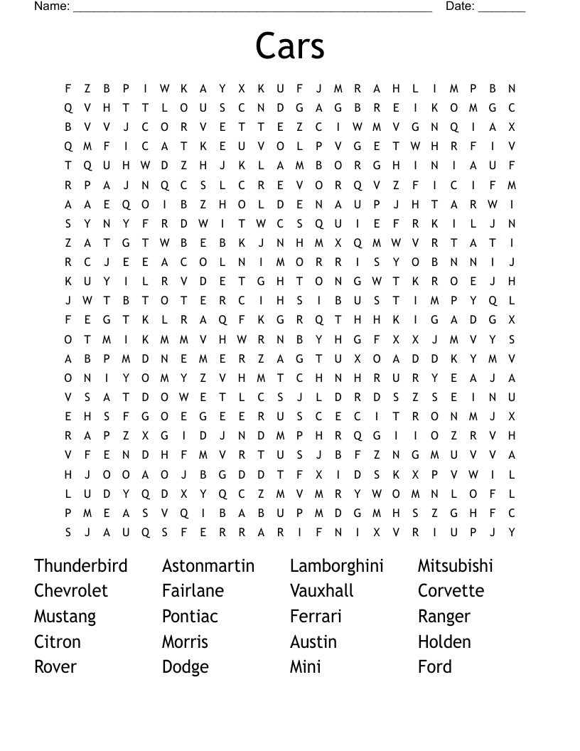 Cars Word Search