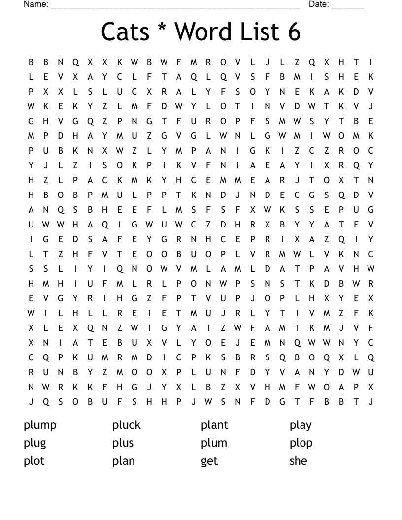Cats * Word List 6 Word Search