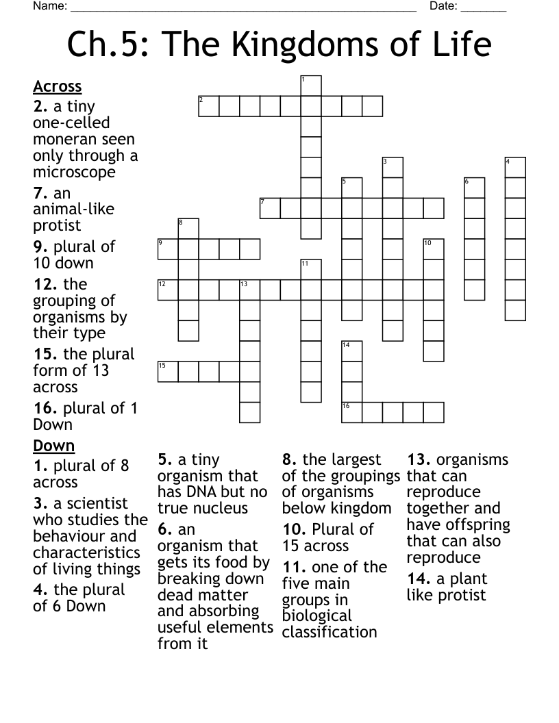 Ch.5:  The Kingdoms of Life Crossword