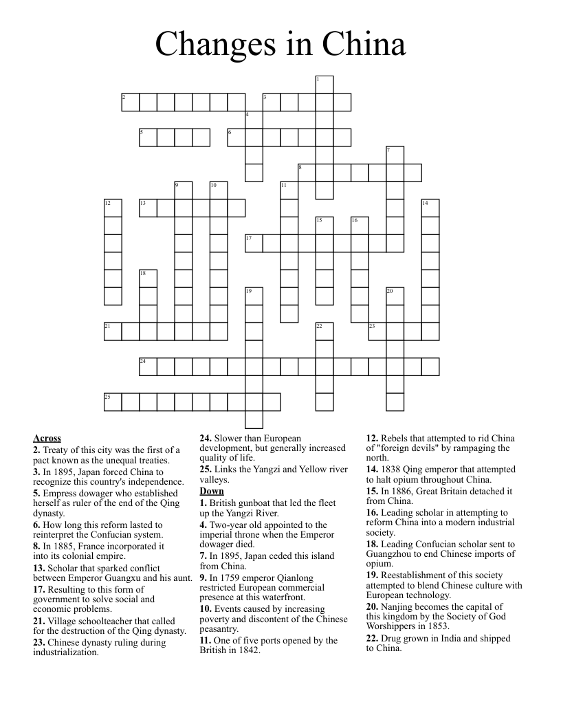 Changes in China Crossword