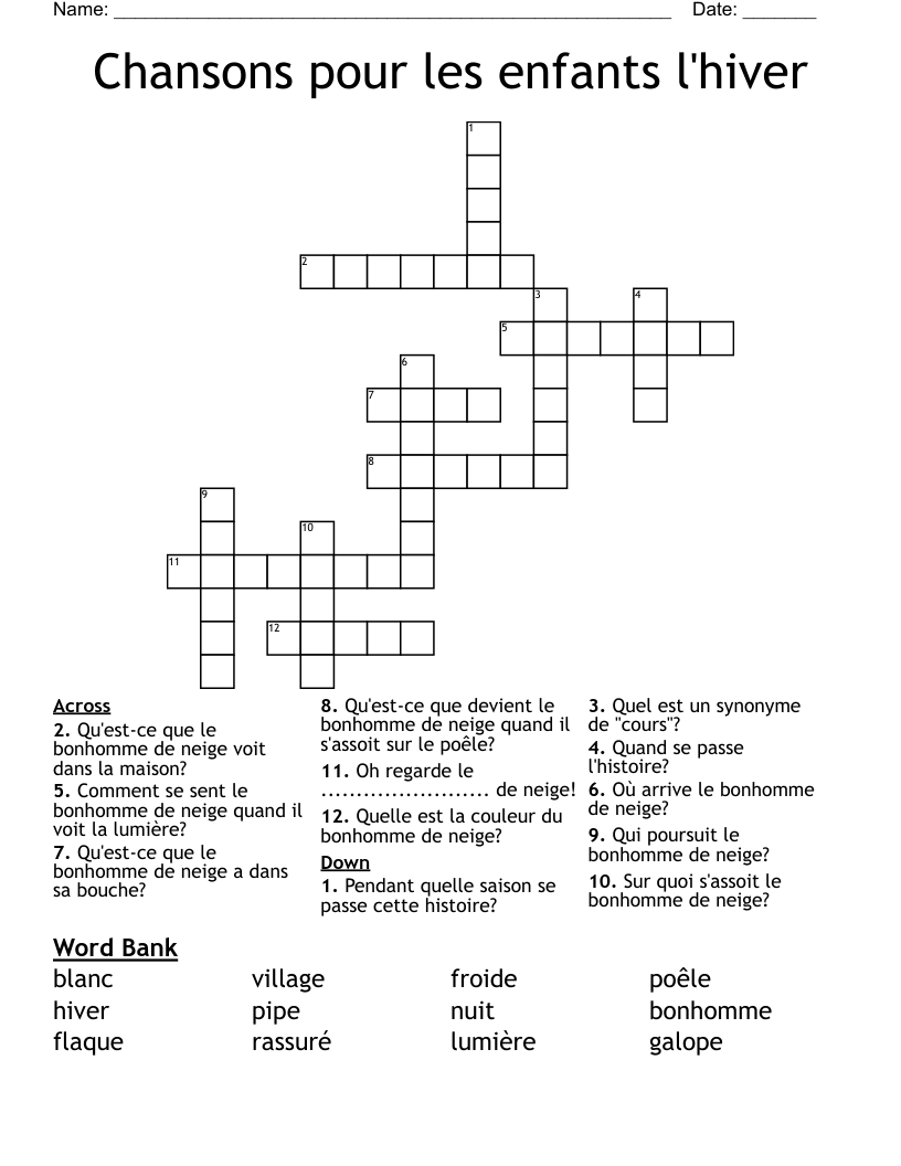 Chansons pour les enfants l'hiver Crossword