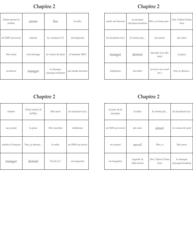Chapitre 2 Bingo Cards
