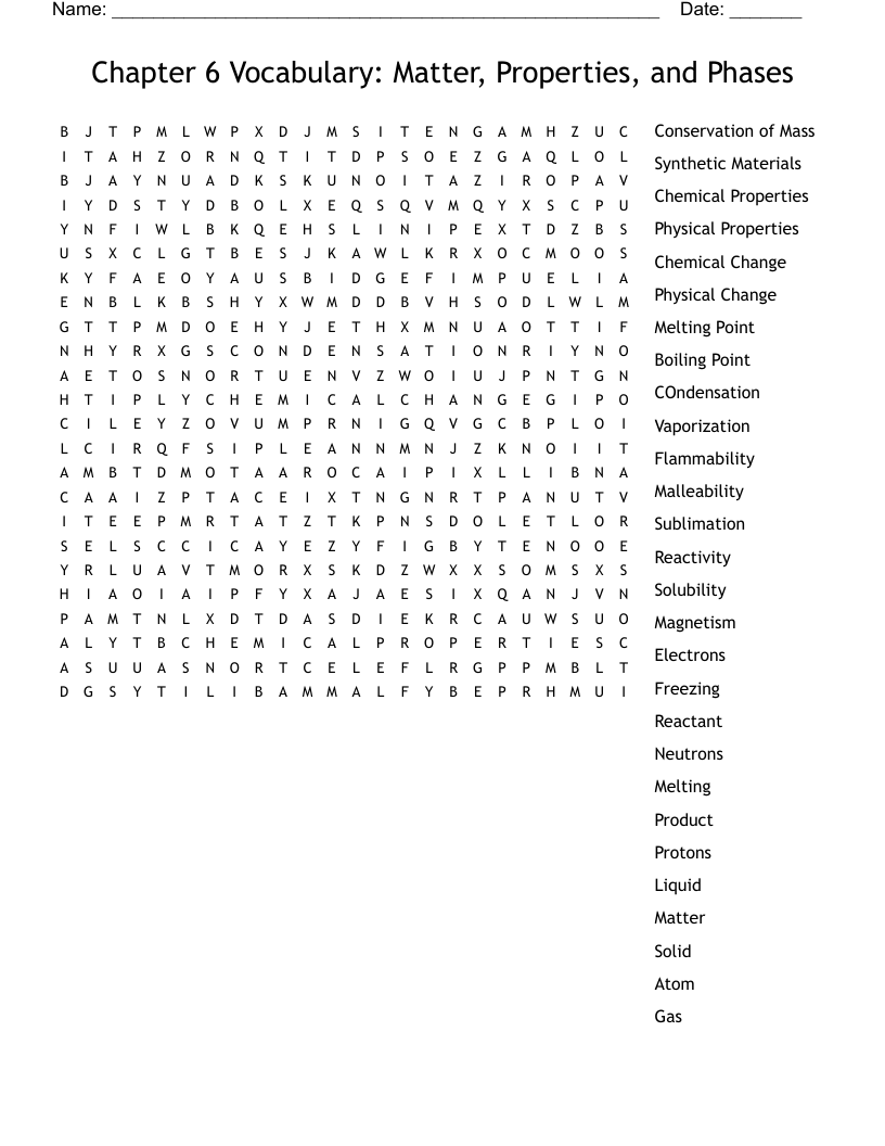 Chapter 6 Vocabulary: Matter, Properties, and Phases Word Search