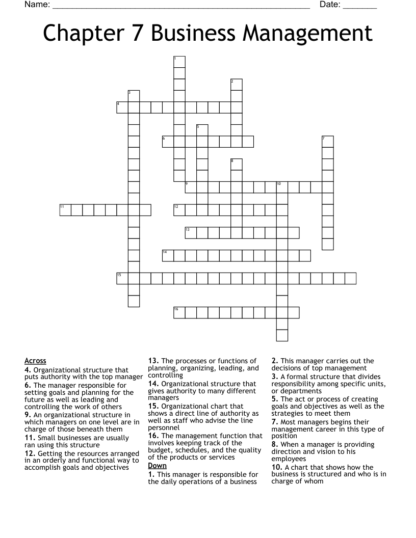Chapter 7 Business Management Crossword