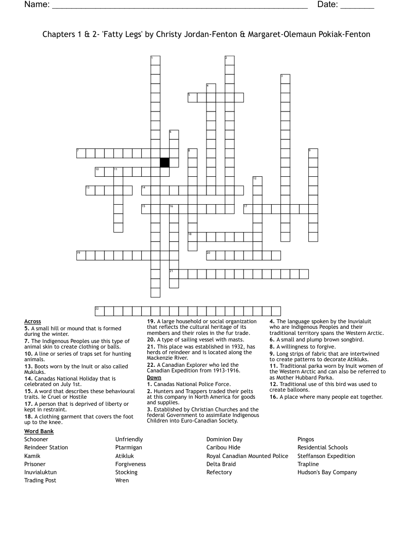 Chapters 1 & 2- 'Fatty Legs' by Christy Jordan-Fenton & Margaret-Olemaun Pokiak-Fenton Crossword
