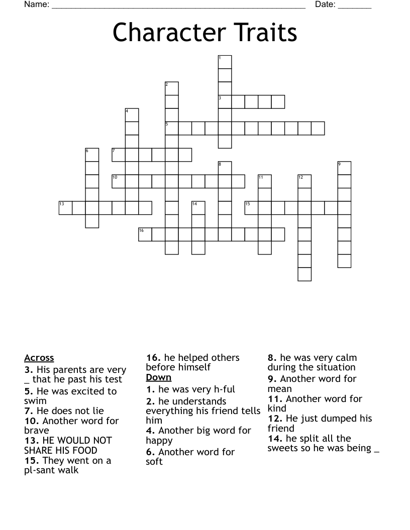 Character Traits Crossword