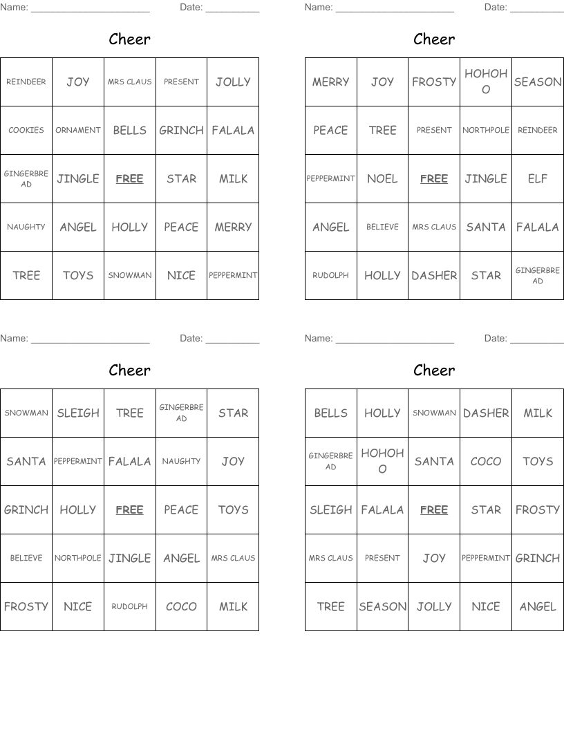 Cheer Bingo Cards