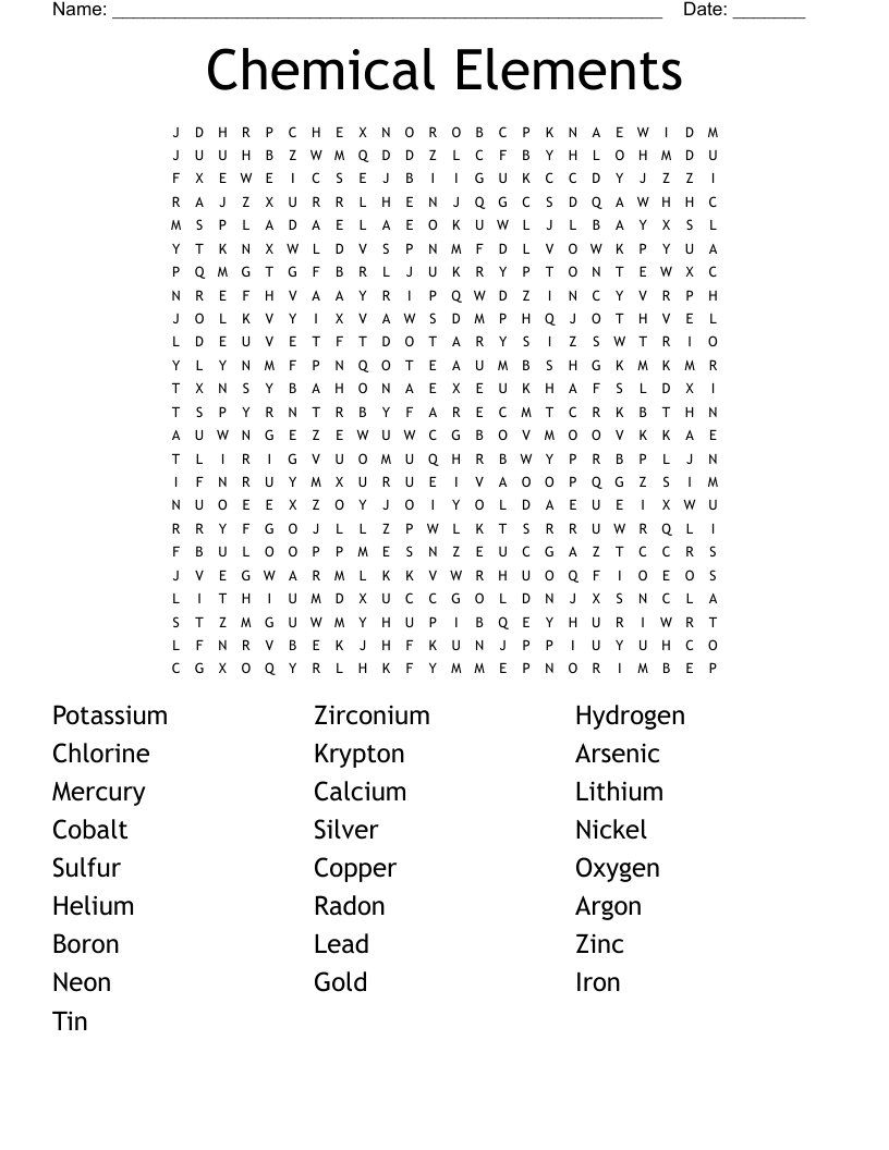Chemical Elements Word Search