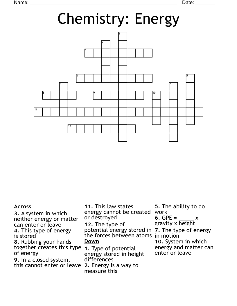 Chemistry: Energy Crossword