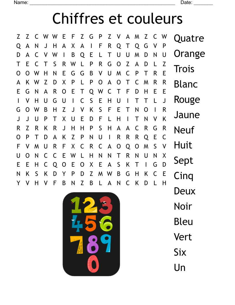 Chiffres et couleurs Word Search