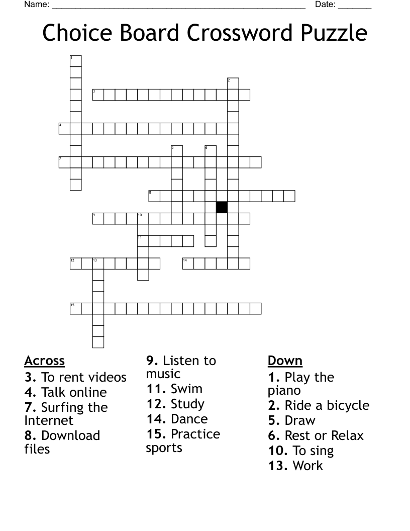 Choice Board Crossword Puzzle
