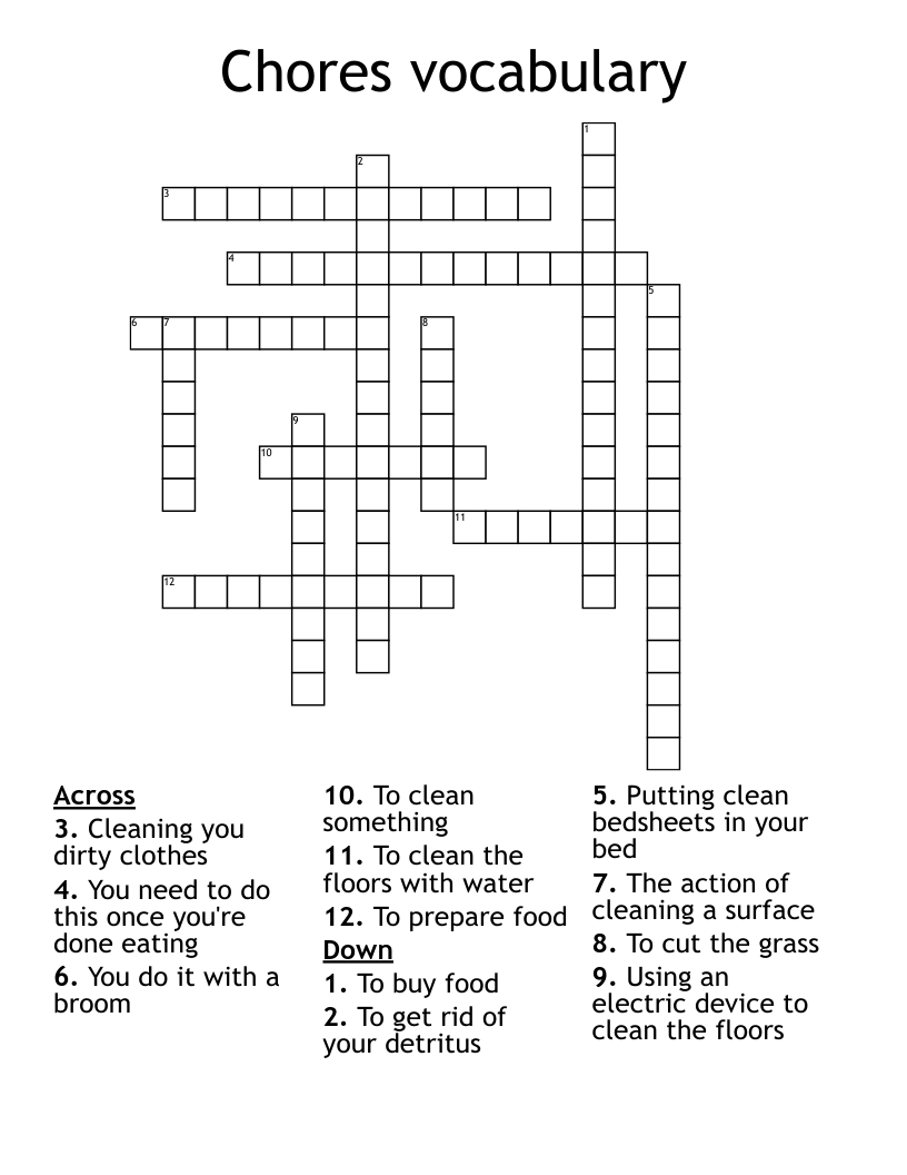 Chores vocabulary Crossword