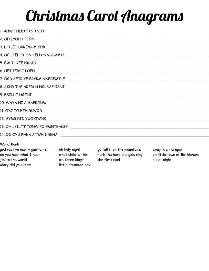 Christmas Carol Anagrams Word Scramble