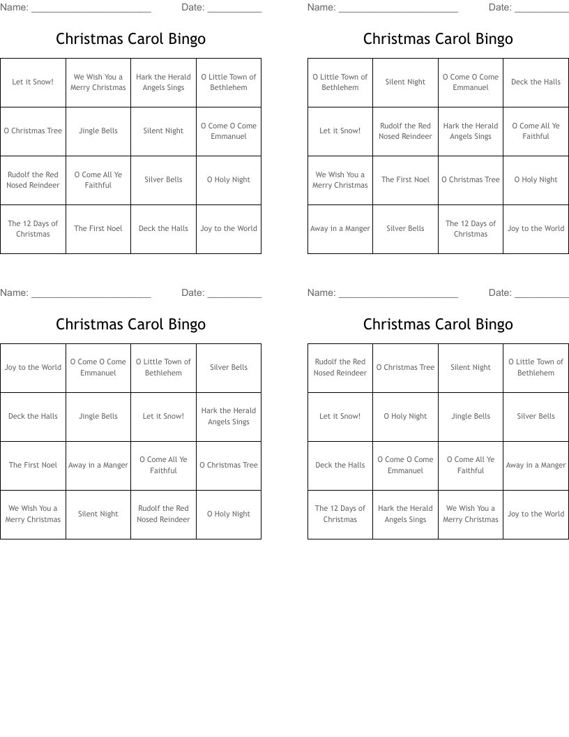 Christmas Carol Bingo