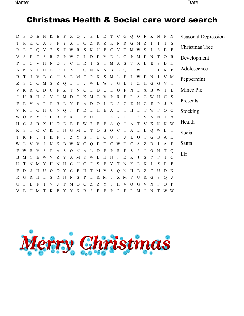 Christmas Health & Social care word search 