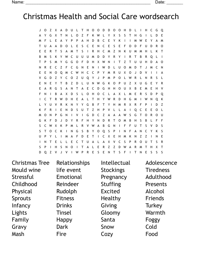  Christmas Health and Social Care wordsearch 