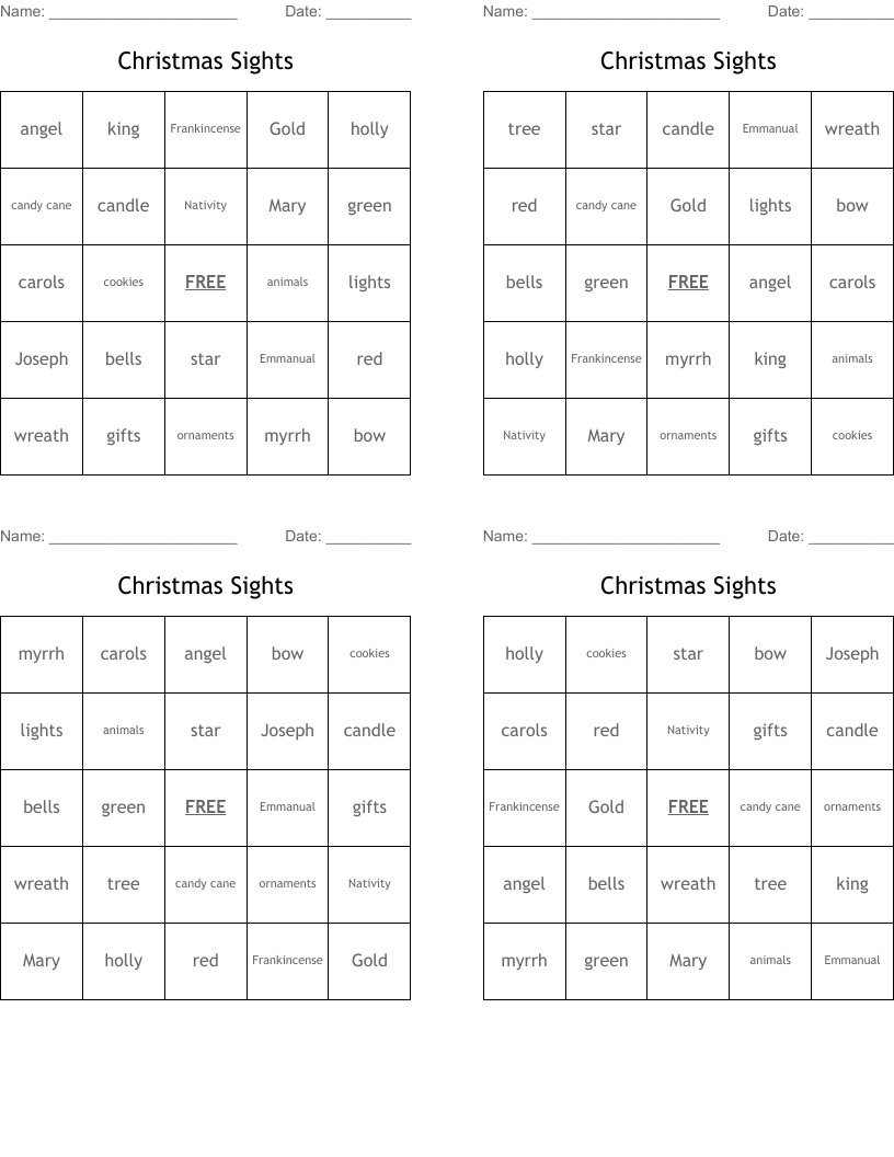 Christmas Sights Bingo Cards