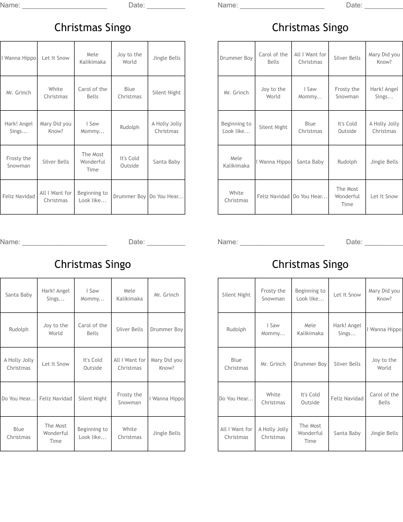 Christmas Singo Bingo Cards