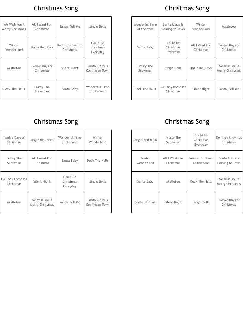 Christmas Song Bingo Cards