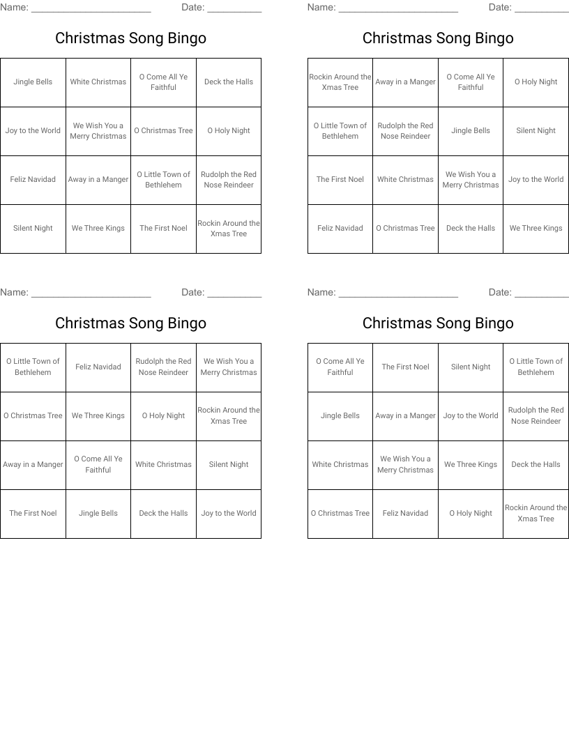 Christmas Song Bingo