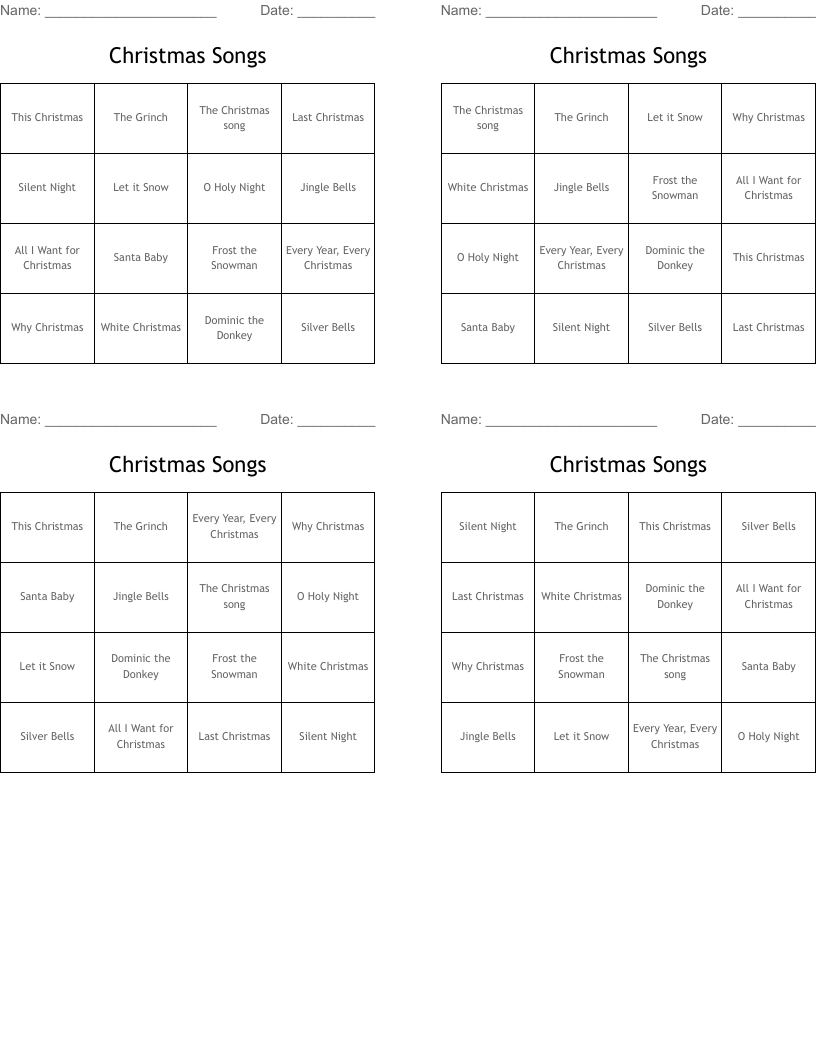 Christmas Songs Bingo Cards