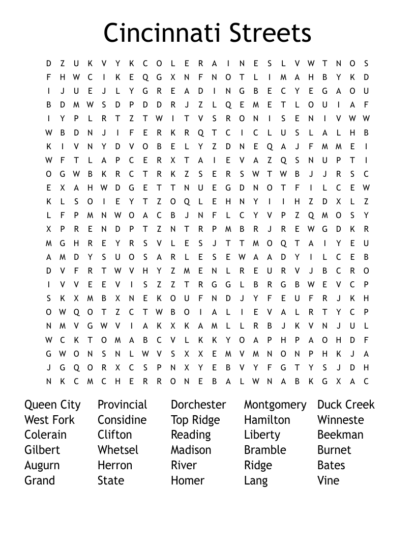 Cincinnati Streets Word Search