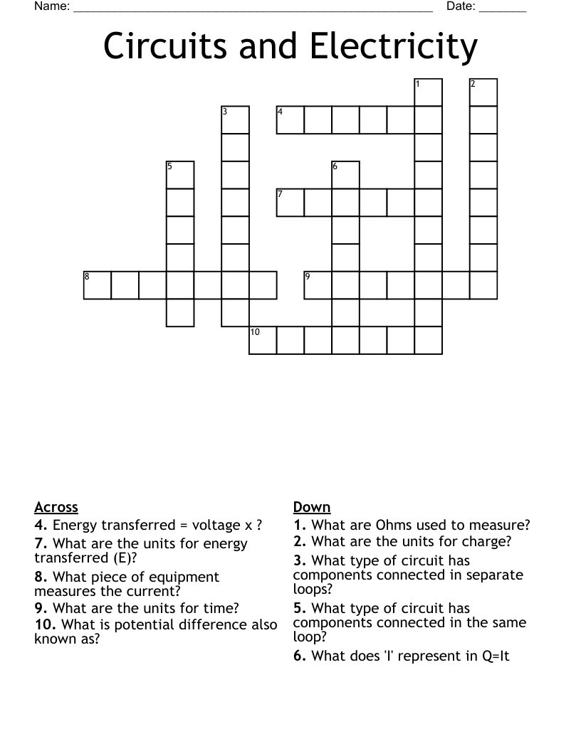 Circuits and Electricity Crossword