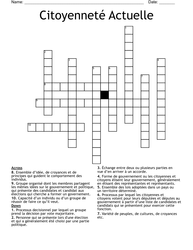 Citoyenneté Actuelle Crossword