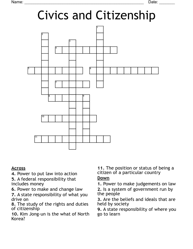 Civics and Citizenship  Crossword