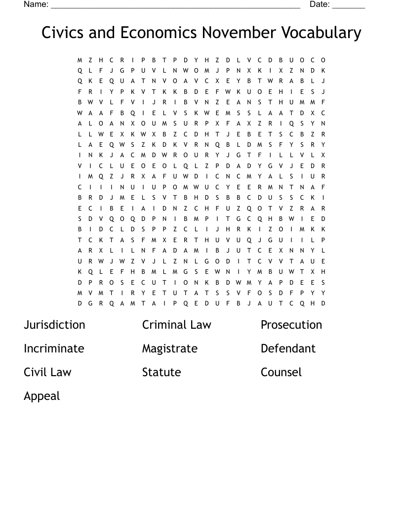 Civics and Economics November Vocabulary Word Search