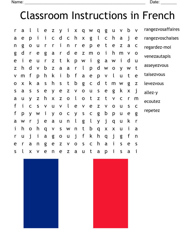 Classroom Instructions in French Word Search