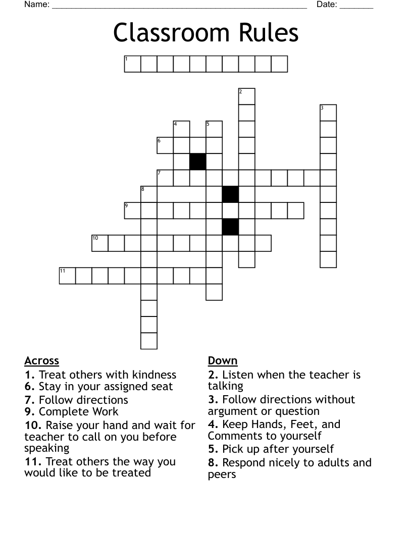 Classroom Rules Crossword