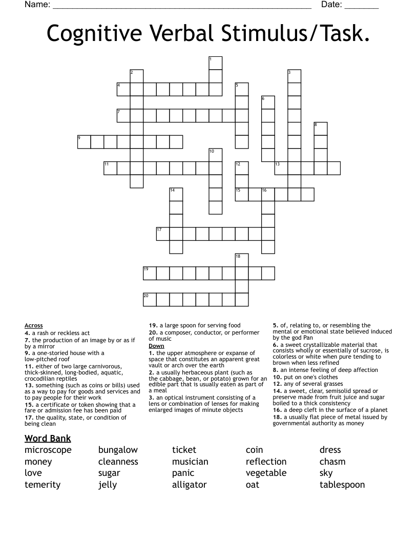 Cognitive Verbal Stimulus/Task.  Crossword