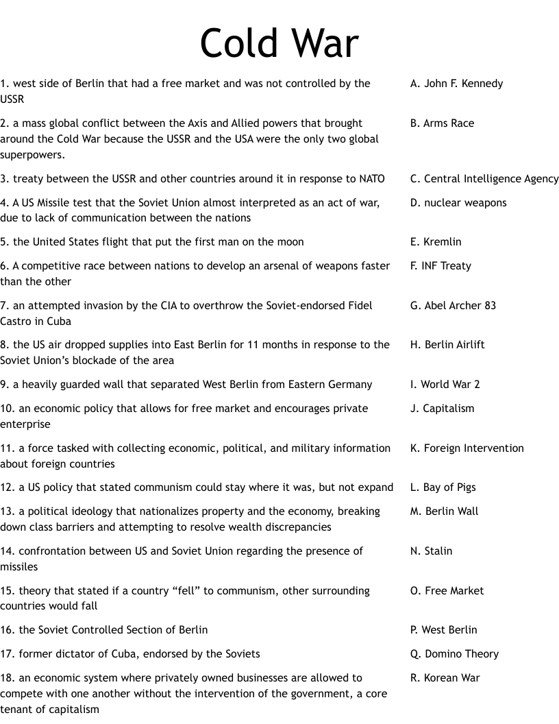 Cold War  Worksheet