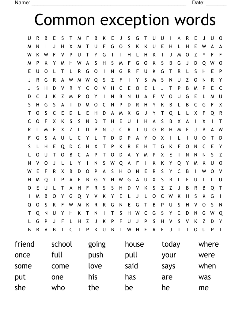 Common exception words Word Search