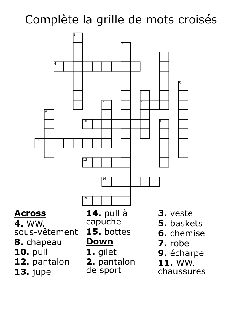 Complète la grille de mots croisés Crossword