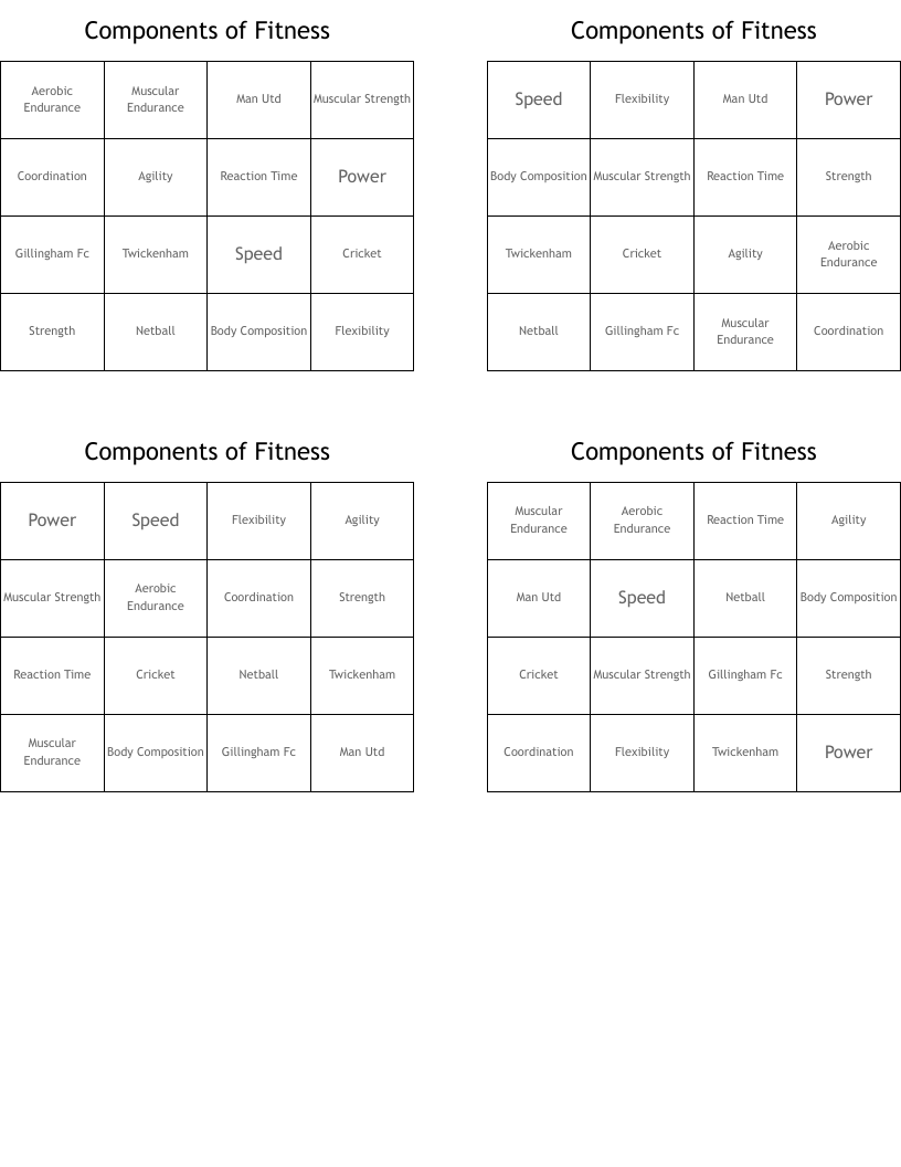 Components of Fitness  Bingo Cards