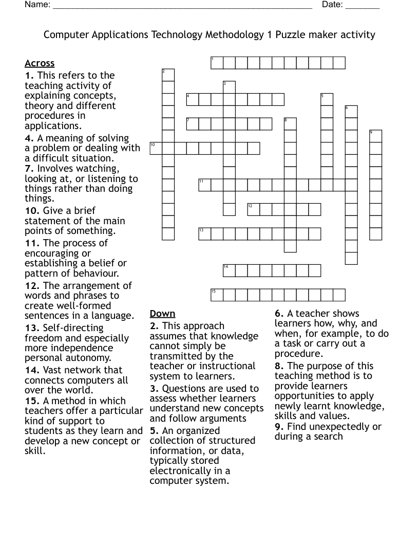 Computer Applications Technology Methodology 1 Puzzle maker activity Crossword