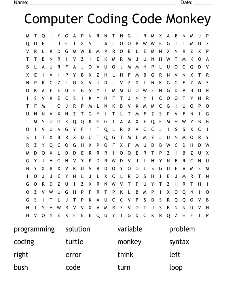 Computer Coding Code Monkey Word Search