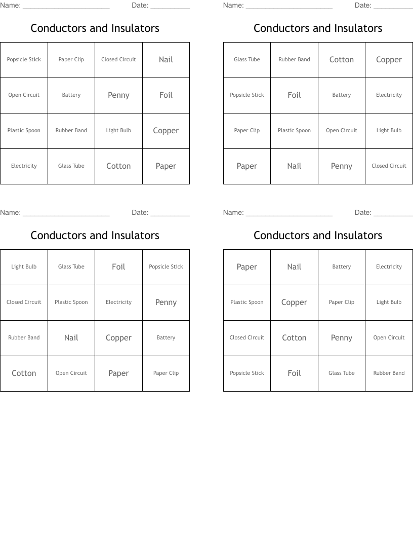 Conductors and Insulators Bingo Cards