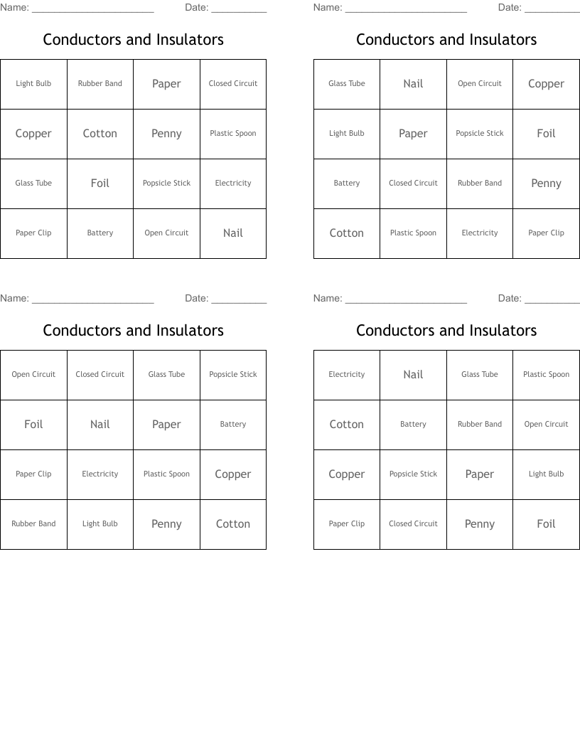 Conductors and Insulators Bingo Cards