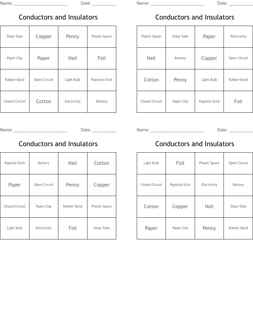 Conductors and Insulators Bingo Cards