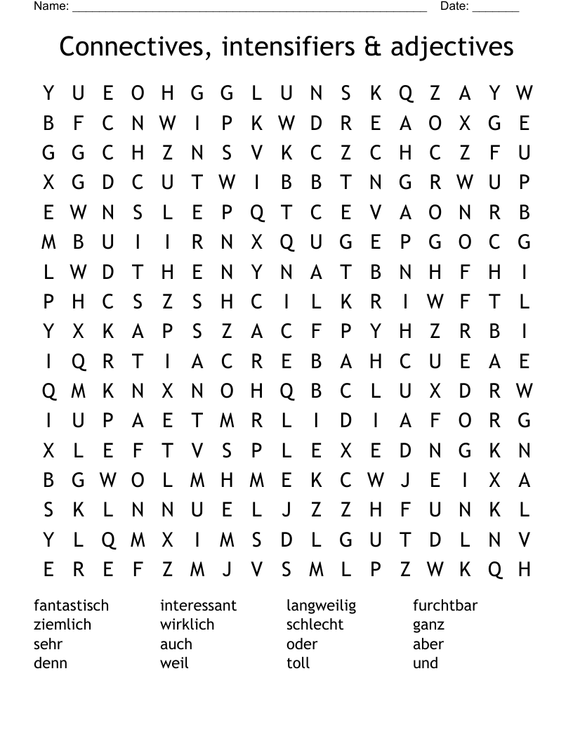 Connectives, intensifiers & adjectives Word Search