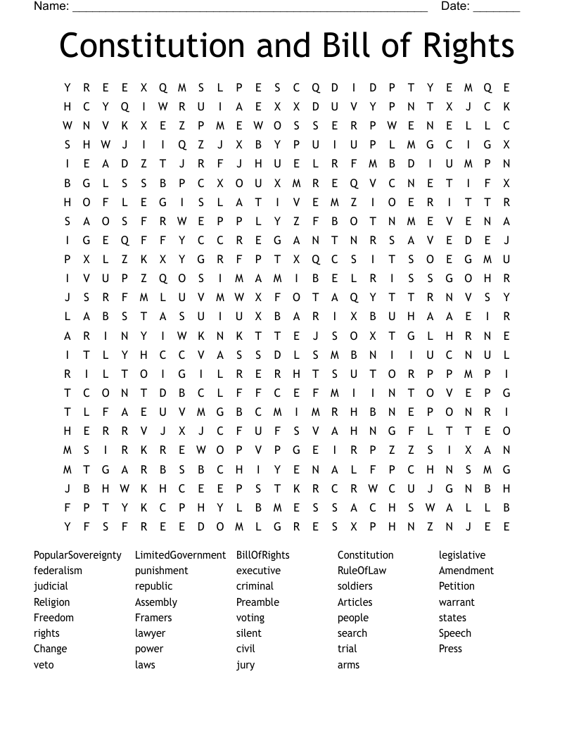 Constitution and Bill of Rights Word Search