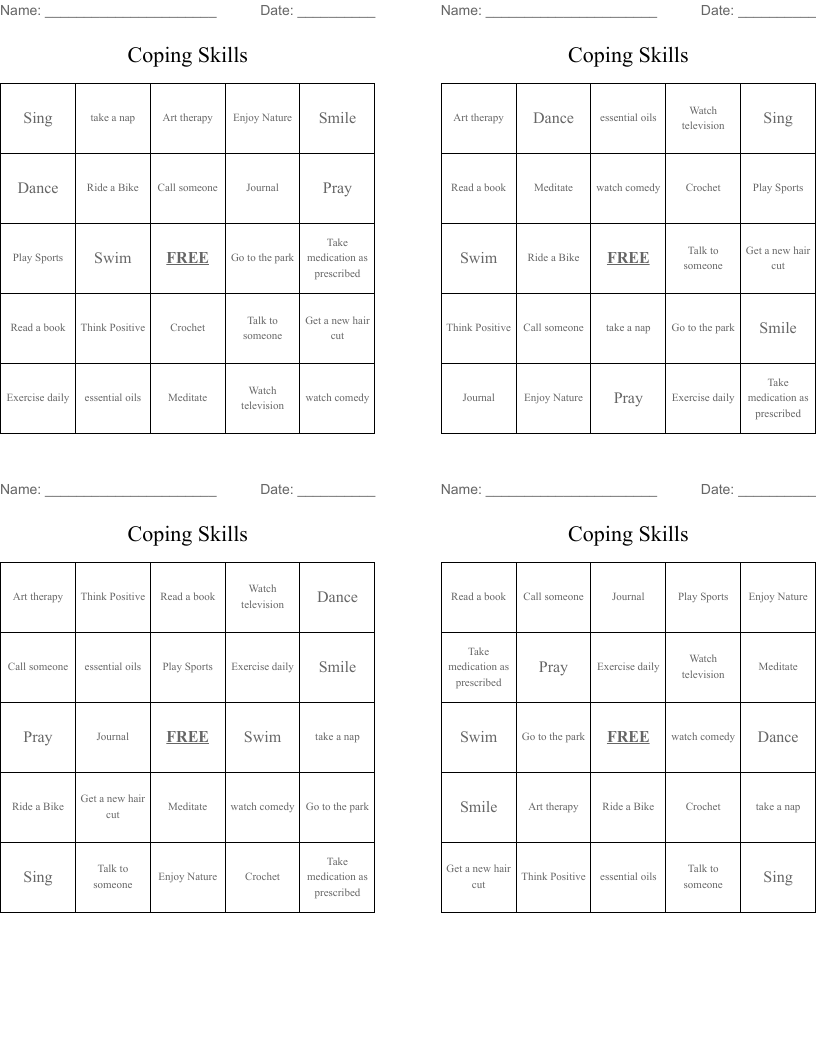 Coping Skills Bingo Cards