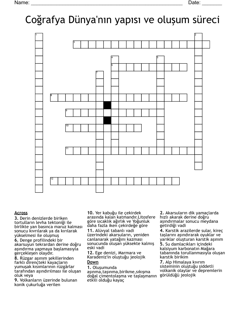 Coğrafya Dünya'nın yapısı ve oluşum süreci Crossword